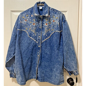 Vintage Pretty Bleu Denim Shirt Womens Large Acid Wash Western Rhinestone Embell